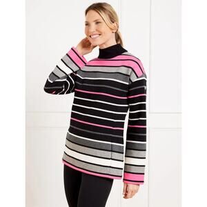 T By Talbots Top Women Extra Large Black Pink Striped Mock Neck Comfy Sweatshirt